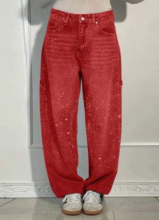 Women’s High Waist Rhinestone Denim Jeans – Luxury Straight Leg Pants with All-Over Sparkle – Trendy Streetwear Trousers
