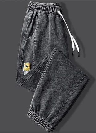Men’s Winter Fleece-Lined Jeans – Thick Warm Denim Joggers with Cargo Pockets – Streetwear Harem Pants in Black