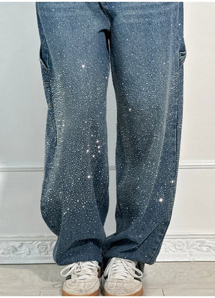 Women’s High Waist Rhinestone Denim Jeans – Luxury Straight Leg Pants with All-Over Sparkle – Trendy Streetwear Trousers