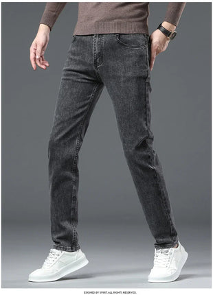 2025 Spring Men’s Straight-Leg Jeans – Elastic Mid-Waist Fit in Smoke Gray & Black – Classic Casual Denim Trousers