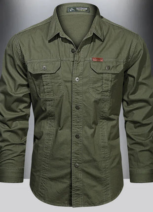 2023 Men’s Spring Cotton Shirt – Long Sleeve Casual Overshirt with Military-Inspired Design – High-Quality Brand Style (Black, Up to 5XL)