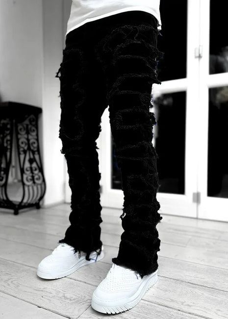 Men’s Stacked Denim Jeans – Regular Slim Fit with Ripped & Patch Details – Distressed Streetwear Style