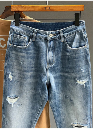 Men’s Ripped Baggy Jeans – Vintage Blue Streetwear Denim with Frayed Holes – Casual Tapered Fit Pants