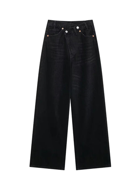 TRAF Women’s Asymmetric High-Waisted Wide-Leg Jeans – Versatile Fashion Basics with Straight-Cut Design