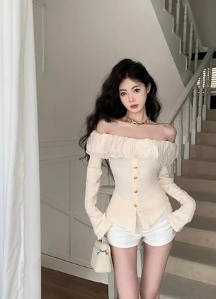 2025 Off-Shoulder Crop Top for Women – Long Sleeve Ruffle Design with Single-Breasted Front & Side Slit – Y2K Style T-Shirt