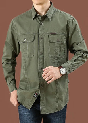 2023 Men’s Spring Cotton Shirt – Long Sleeve Casual Overshirt with Military-Inspired Design – High-Quality Brand Style (Black, Up to 5XL)