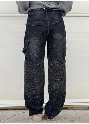 Women’s High Waist Rhinestone Denim Jeans – Luxury Straight Leg Pants with All-Over Sparkle – Trendy Streetwear Trousers
