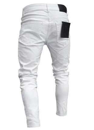 Men’s White Embroidered Skinny Jeans – Stretch Cotton Slim Fit with Ripped Details – Hip-Hop Style Casual Denim Pants