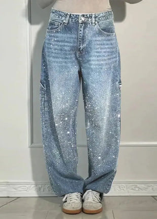 Women’s High Waist Rhinestone Denim Jeans – Luxury Straight Leg Pants with All-Over Sparkle – Trendy Streetwear Trousers