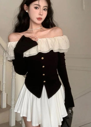 2025 Off-Shoulder Crop Top for Women – Long Sleeve Ruffle Design with Single-Breasted Front & Side Slit – Y2K Style T-Shirt