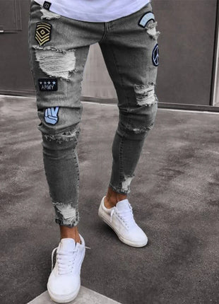 Men’s White Embroidered Skinny Jeans – Stretch Cotton Slim Fit with Ripped Details – Hip-Hop Style Casual Denim Pants