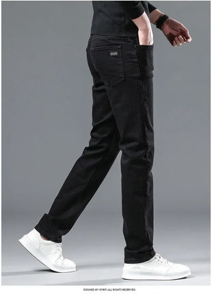 2025 Spring Men’s Straight-Leg Jeans – Elastic Mid-Waist Fit in Smoke Gray & Black – Classic Casual Denim Trousers