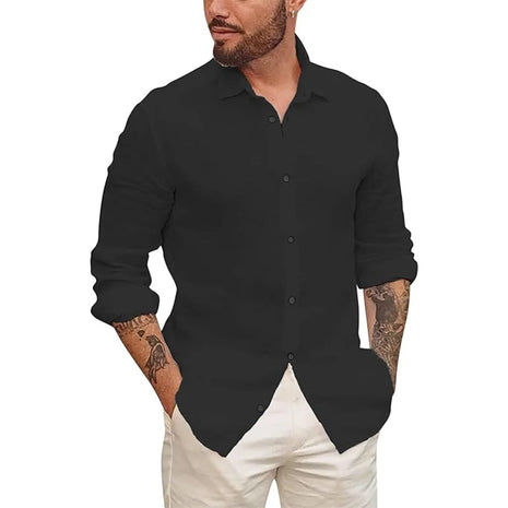 Men’s Long Sleeve Cotton-Linen Button-Up Shirt – Lightweight Casual Summer Top – Hawaiian-Inspired Beach Style