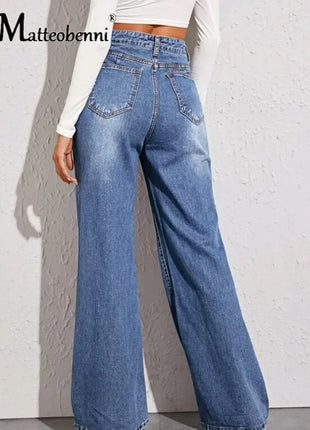 2024 Women’s High-Waist Straight Jeans – Casual Blue Wide-Leg Palazzo Trousers with Striped Detail – Autumn Fashion