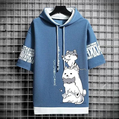 Men’s Short Sleeve Hooded T-Shirt – Harajuku Streetwear with Cat Print – Summer Casual Sport Hoodie Top