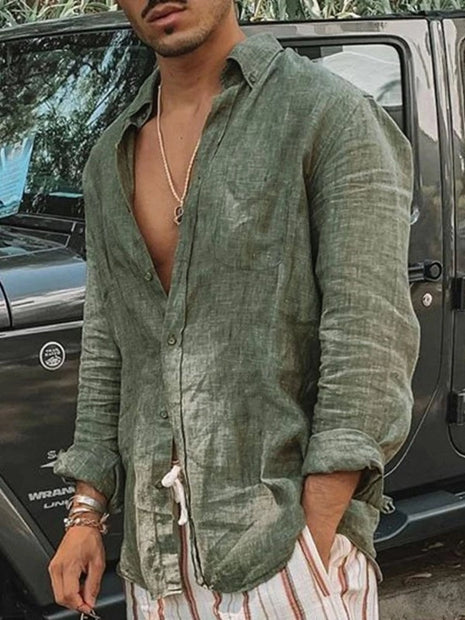 Men’s Casual Lightweight Long-Sleeve Shirt – Solid Color Lapel Cardigan Style – Ideal for Outdoor Activities