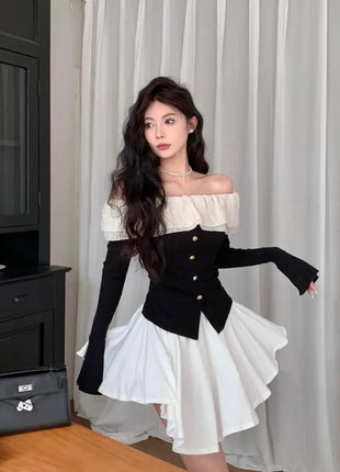 2025 Off-Shoulder Crop Top for Women – Long Sleeve Ruffle Design with Single-Breasted Front & Side Slit – Y2K Style T-Shirt