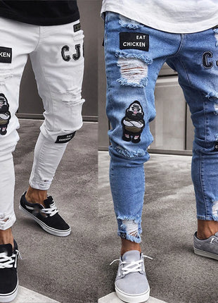 Men’s White Embroidered Skinny Jeans – Stretch Cotton Slim Fit with Ripped Details – Hip-Hop Style Casual Denim Pants