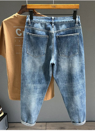 Men’s Ripped Baggy Jeans – Vintage Blue Streetwear Denim with Frayed Holes – Casual Tapered Fit Pants