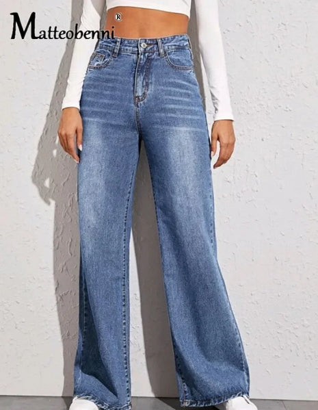 2024 Women’s High-Waist Straight Jeans – Casual Blue Wide-Leg Palazzo Trousers with Striped Detail – Autumn Fashion