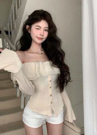 2025 Off-Shoulder Crop Top for Women – Long Sleeve Ruffle Design with Single-Breasted Front & Side Slit – Y2K Style T-Shirt
