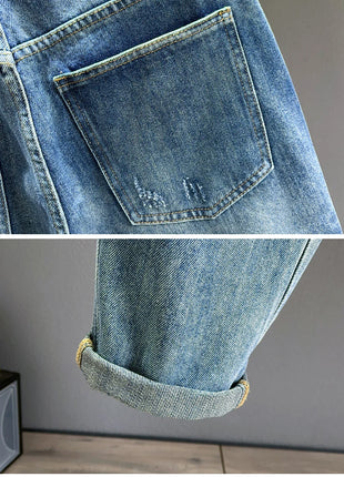 Men’s Ripped Baggy Jeans – Vintage Blue Streetwear Denim with Frayed Holes – Casual Tapered Fit Pants