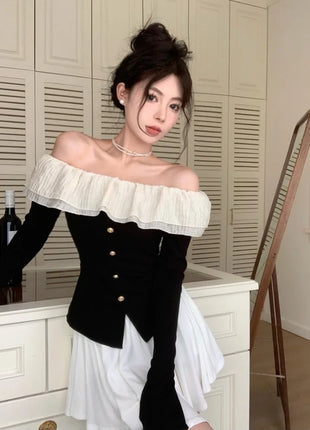 2025 Off-Shoulder Crop Top for Women – Long Sleeve Ruffle Design with Single-Breasted Front & Side Slit – Y2K Style T-Shirt