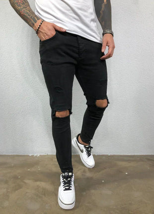 Men’s Ripped Skinny Streetwear Jeans – Hip-Hop Style Stretch Denim – Solid Color Casual Pants with Distressed Details