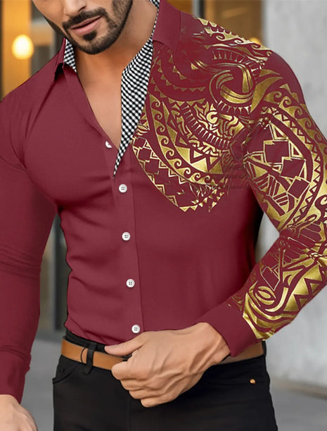 Men’s Long Sleeve Button-Up Shirt – Casual Bronzing Lapel Design for Spring & Fall – Office, Wedding, and Party Wear