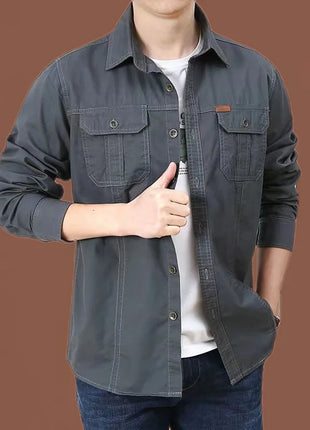 2023 Men’s Spring Cotton Shirt – Long Sleeve Casual Overshirt with Military-Inspired Design – High-Quality Brand Style (Black, Up to 5XL)