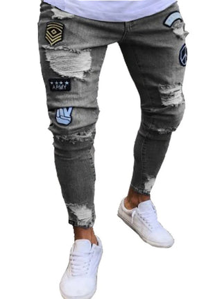 Men’s White Embroidered Skinny Jeans – Stretch Cotton Slim Fit with Ripped Details – Hip-Hop Style Casual Denim Pants