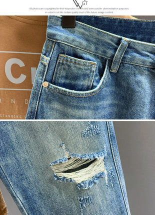 Men’s Ripped Baggy Jeans – Vintage Blue Streetwear Denim with Frayed Holes – Casual Tapered Fit Pants