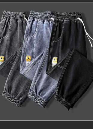 Men’s Winter Fleece-Lined Jeans – Thick Warm Denim Joggers with Cargo Pockets – Streetwear Harem Pants in Black
