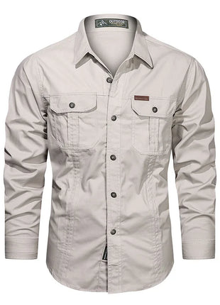 2023 Men’s Spring Cotton Shirt – Long Sleeve Casual Overshirt with Military-Inspired Design – High-Quality Brand Style (Black, Up to 5XL)