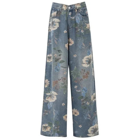 Women’s Vintage Floral Print Jeans – Loose Wide-Leg Y2K Denim Trousers – Korean Hip-Hop High Street Style for Autumn
