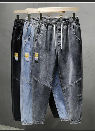 Men’s Winter Fleece-Lined Jeans – Thick Warm Denim Joggers with Cargo Pockets – Streetwear Harem Pants in Black