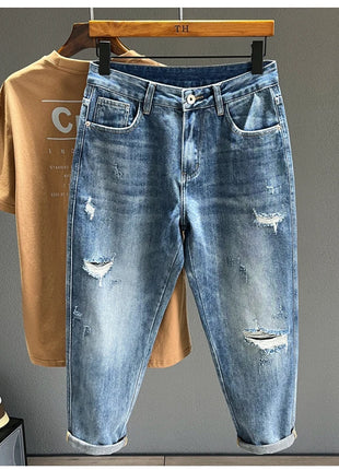 Men’s Ripped Baggy Jeans – Vintage Blue Streetwear Denim with Frayed Holes – Casual Tapered Fit Pants