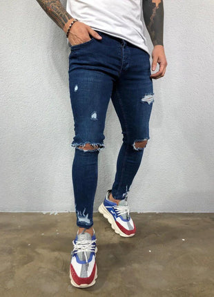 Men’s Ripped Skinny Streetwear Jeans – Hip-Hop Style Stretch Denim – Solid Color Casual Pants with Distressed Details