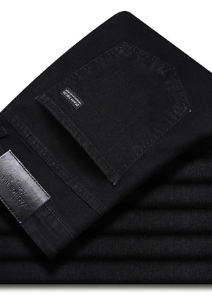 2025 Spring Men’s Straight-Leg Jeans – Elastic Mid-Waist Fit in Smoke Gray & Black – Classic Casual Denim Trousers