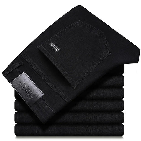 2025 Spring Men’s Straight-Leg Jeans – Elastic Mid-Waist Fit in Smoke Gray & Black – Classic Casual Denim Trousers
