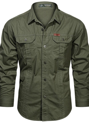 2023 Men’s Spring Cotton Shirt – Long Sleeve Casual Overshirt with Military-Inspired Design – High-Quality Brand Style (Black, Up to 5XL)