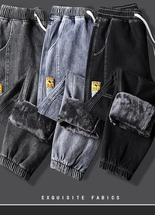 Men’s Winter Fleece-Lined Jeans – Thick Warm Denim Joggers with Cargo Pockets – Streetwear Harem Pants in Black