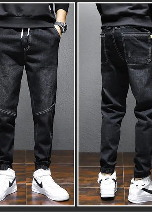 Men’s Winter Fleece-Lined Jeans – Thick Warm Denim Joggers with Cargo Pockets – Streetwear Harem Pants in Black