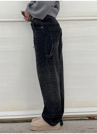 Women’s High Waist Rhinestone Denim Jeans – Luxury Straight Leg Pants with All-Over Sparkle – Trendy Streetwear Trousers