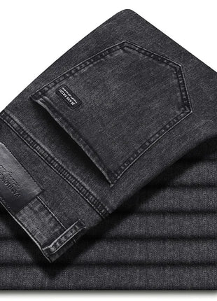 2025 Spring Men’s Straight-Leg Jeans – Elastic Mid-Waist Fit in Smoke Gray & Black – Classic Casual Denim Trousers