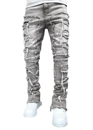 Men’s Stacked Denim Jeans – Regular Slim Fit with Ripped & Patch Details – Distressed Streetwear Style