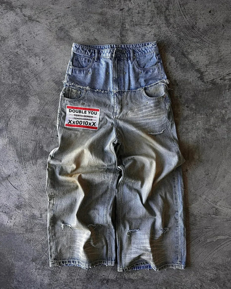Men’s Y2K Streetwear Jeans – Letter Print, Ripped Wide-Leg Pants – Double-Waist Design with Goth, Punk & Harajuku Influence