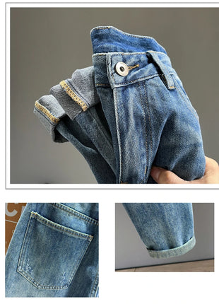 Men’s Ripped Baggy Jeans – Vintage Blue Streetwear Denim with Frayed Holes – Casual Tapered Fit Pants