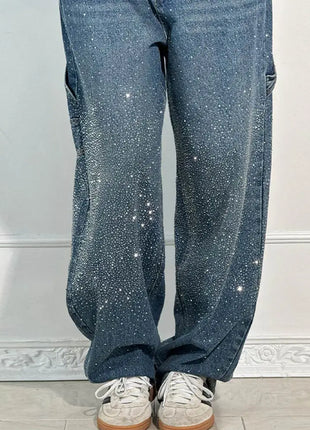 Women’s High Waist Rhinestone Denim Jeans – Luxury Straight Leg Pants with All-Over Sparkle – Trendy Streetwear Trousers