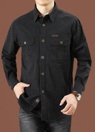 2023 Men’s Spring Cotton Shirt – Long Sleeve Casual Overshirt with Military-Inspired Design – High-Quality Brand Style (Black, Up to 5XL)